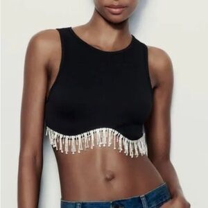 Zara rhinestone crystal fringe crop tank black size M